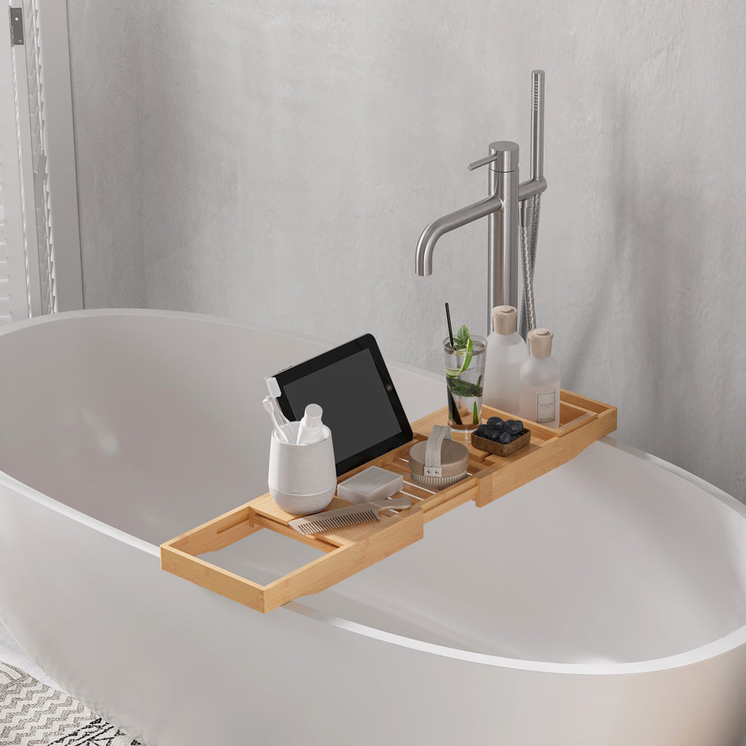 Extendable Bamboo Bathtub Shelf Rack Bath Caddy Tray Bathroom Storage 75-109Lx23.5Wx4T cm