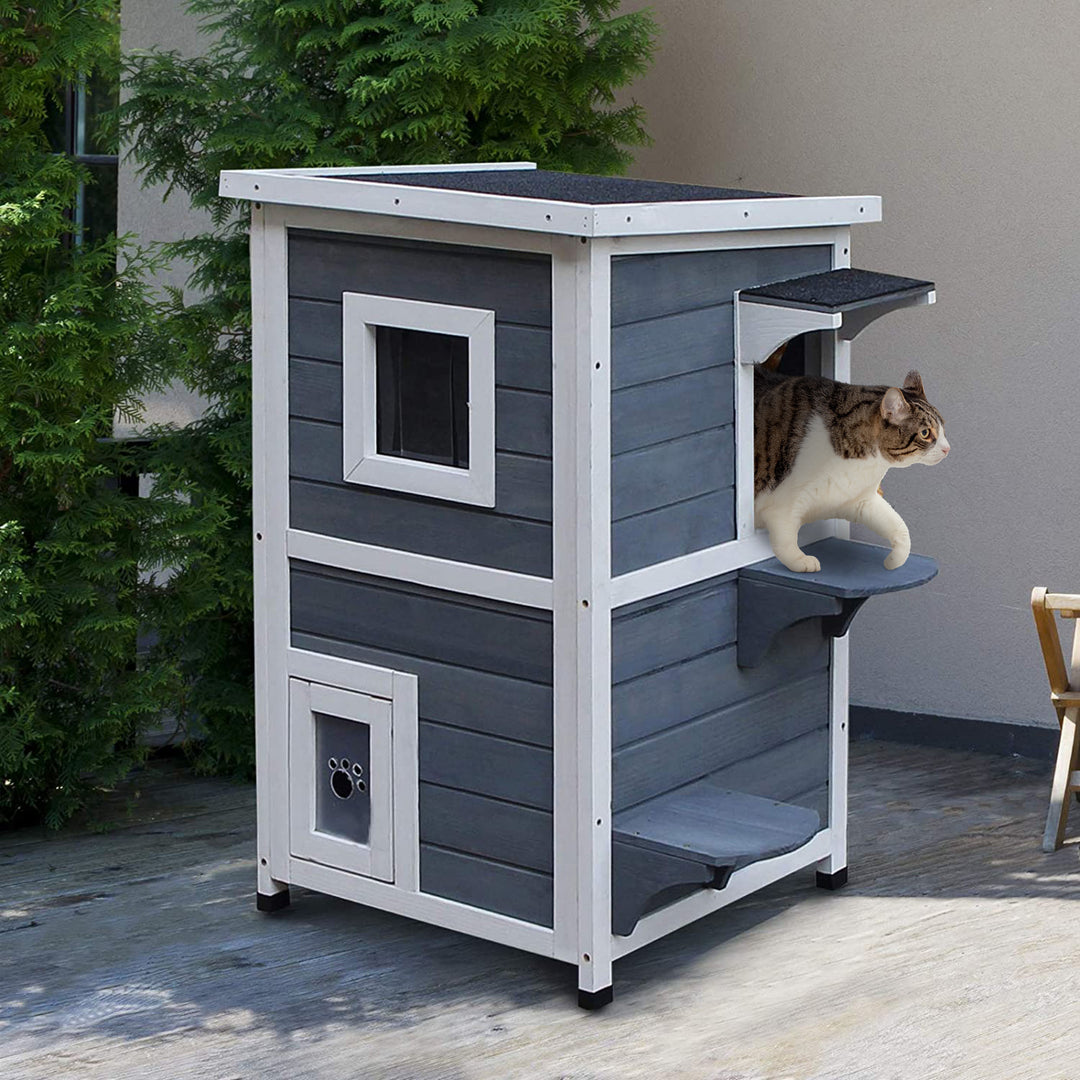 Solid Wood 2-Floor Cat Condo Kitten Shelter with Window