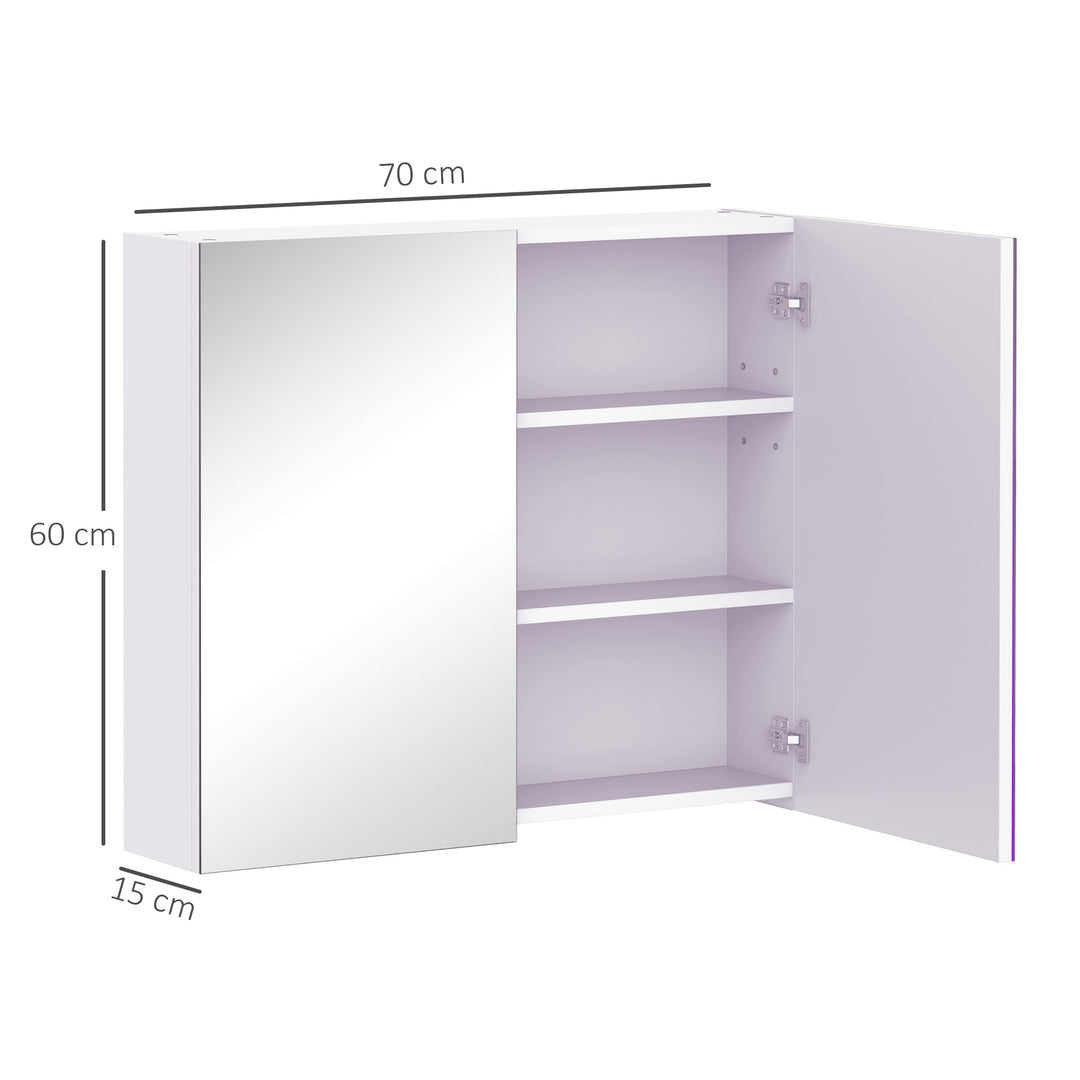 Bathroom Mirror Storage Cabinet Wall Mounted Double Doors Cupboard with Adjustable Shelf 60H x 70W x 15Dcm - White