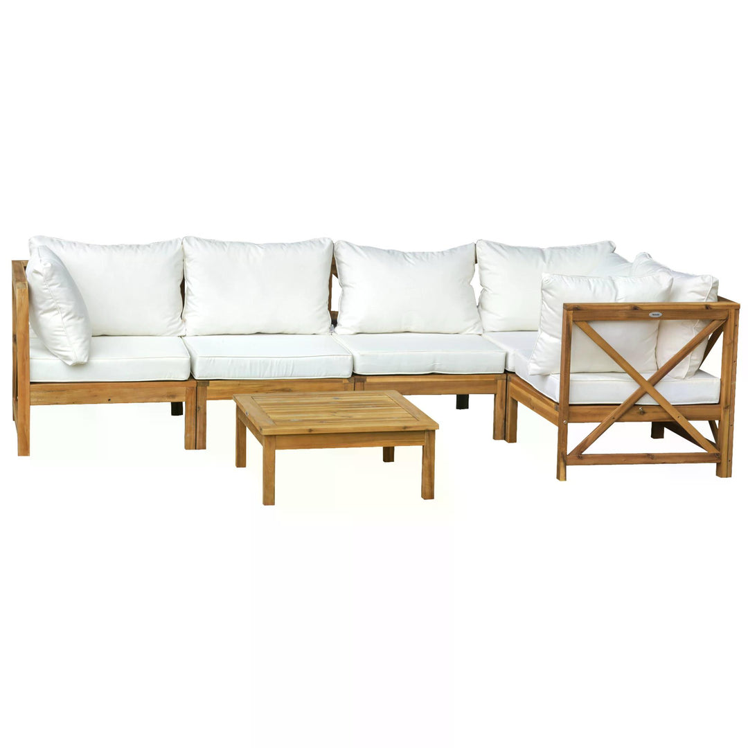 6pcs Patio Furniture Set Garden Sofa Set 1 Coffee Table Suitable with Cushions for Outdoor Indoor Balcony Poolside Acacia Wood Cream White