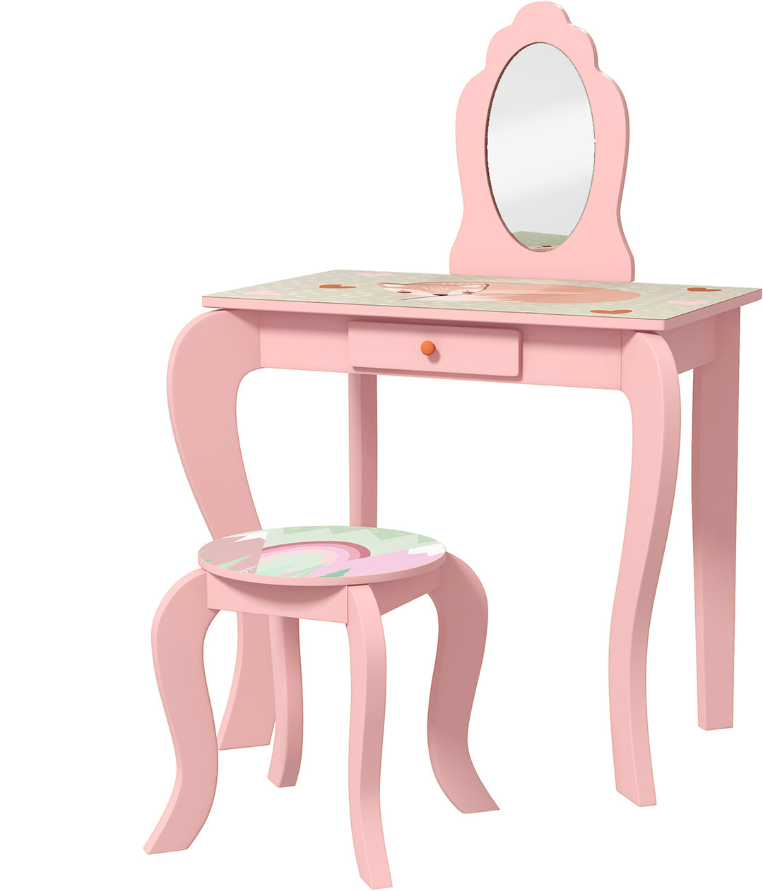 Kids Dressing Table with Mirror and Stool, Girls Vanity Table Makeup Desk with Drawer for 3-6 Years - Pink