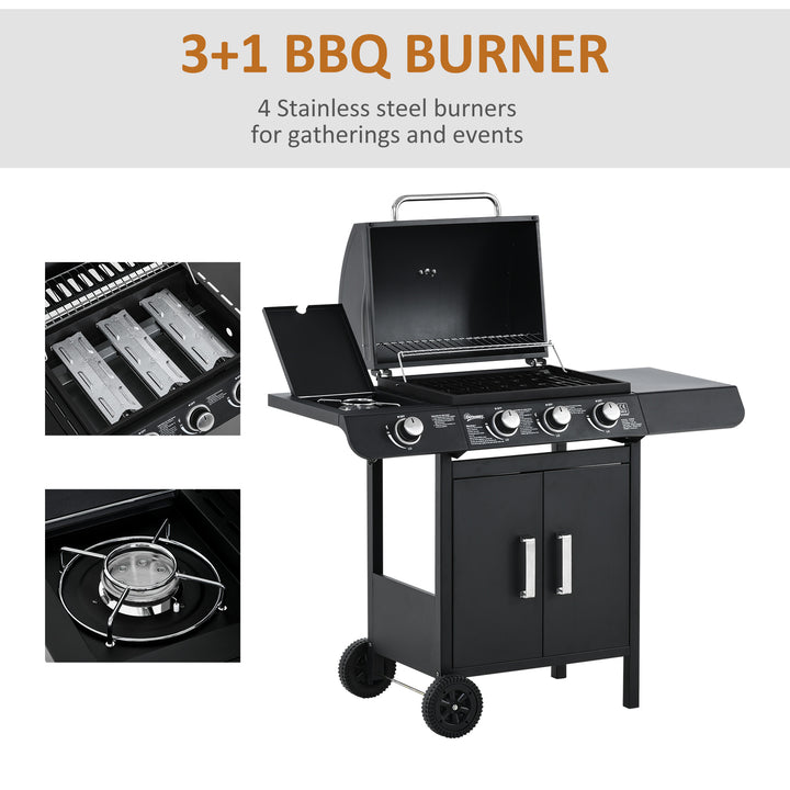 Gas BBQ Gas Grill Barbecue 3+1 Burner Garden BBQ Trolley w/ Side Burner Warming Rack Side Shelves Storage Cabinet Piezo Ignition 110x50x100cm