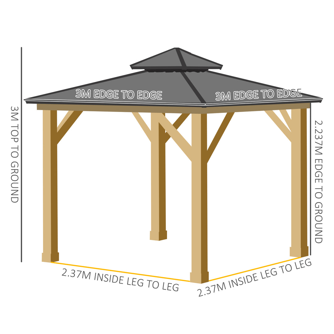 3x(3)M Outdoor Hardtop Gazebo Canopy with 2-Tier Roof and Solid Wood Frame Outdoor Patio Shelter for Patio, Garden, Grey