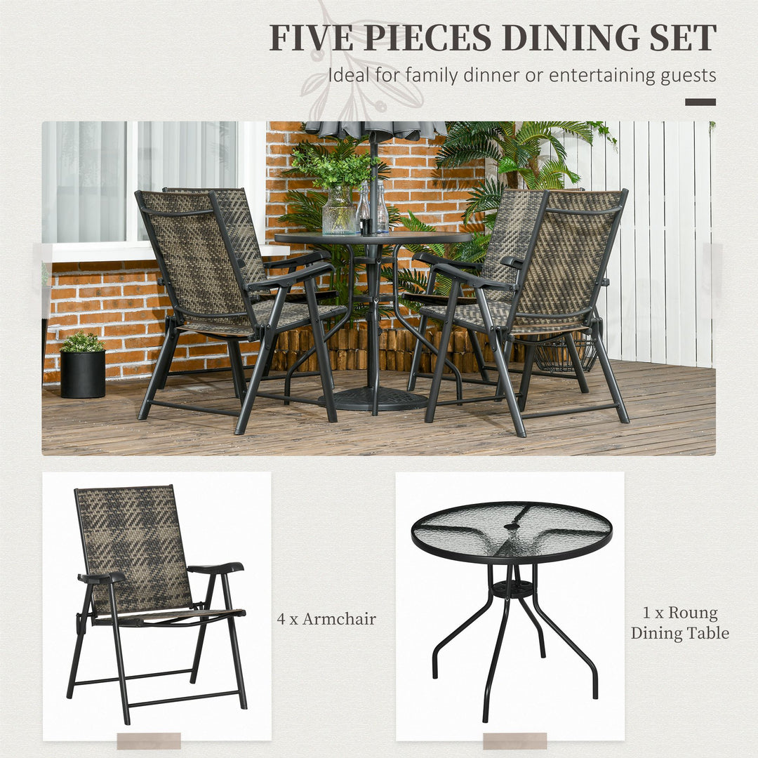 5 Pcs Rattan Dining Sets Garden Dining Set w/ PE Rattan Folding Armchair, Round Glass Top Dining Table with Umbrella Hole, Mixed Grey