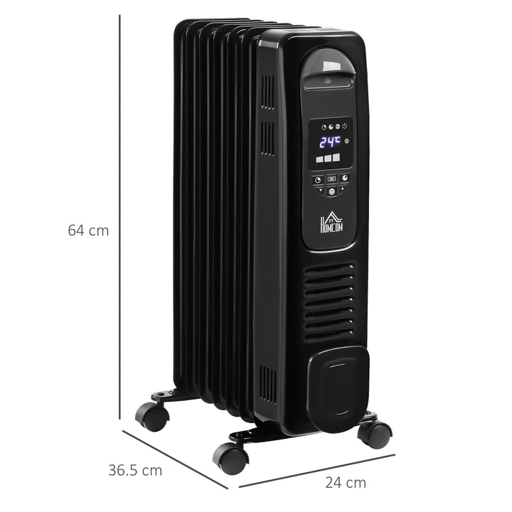 HOMCOM 1630W Digital Oil Filled Radiator, 7 Fin, Portable Electric Heater with LED Display, Built-in Timer, 3 Heat Settings, Remote Control, Black