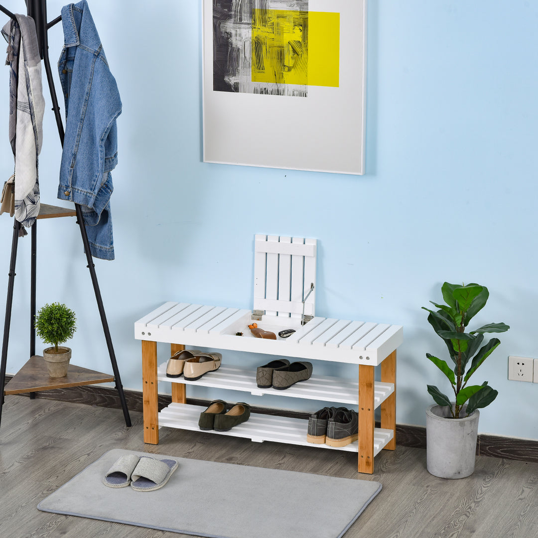 Shoe Bench, 3-Tier Wooden Shoe Rack with Hidden Storage Compartment, Slatted Shelves, Home Storage Unit, Natural, 90L x 29W x45H cm