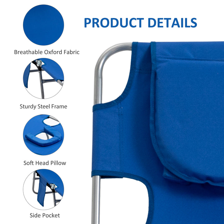 2 Pieces Foldable Sun Lounger with Reading Hole, Portable Sun Lounger with 5 Level Adjustable Backrest, Reclining Lounge Chair with Side Pocket, Headrest Pillow, Blue