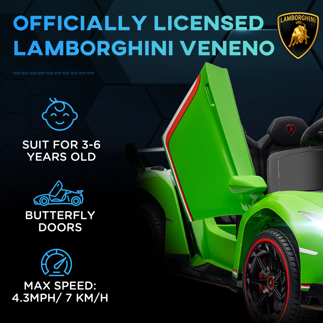 Lamborghini Veneno Licensed 12V Kids Electric Ride on Car with Butterfly Doors, Portable Battery, Powered Electric Car with Bluetooth, Remote, Music, Horn, Suspension, for 3-6 Years - Green