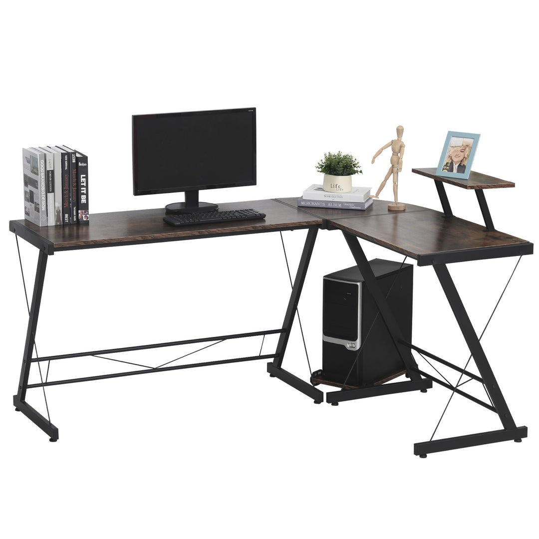 L Shaped Office Desk Round Corner Gaming Table Workstation with Storage Shelf, CPU Stand for Home Office