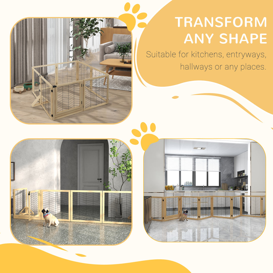 8 Panels Foldable Pet Playpen with Support Feet, Small and Medium Dogs - Natural Wood Finish