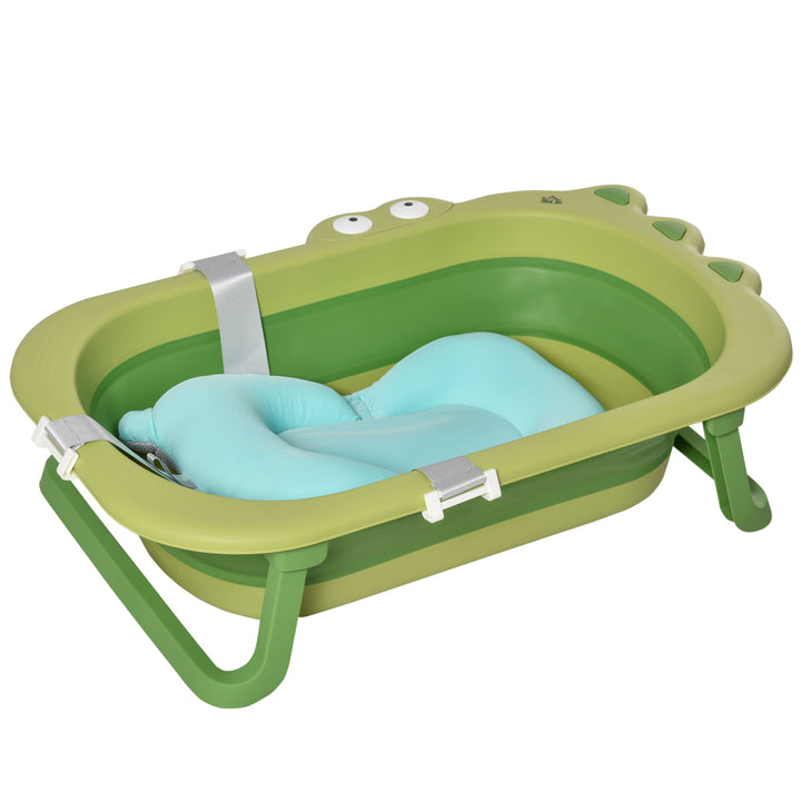 Baby Bath Tub for Toddler Kids Infant Ergonomic Foldable Secure Non-Slip Portable with Baby Cushion for 0-3 Years Green