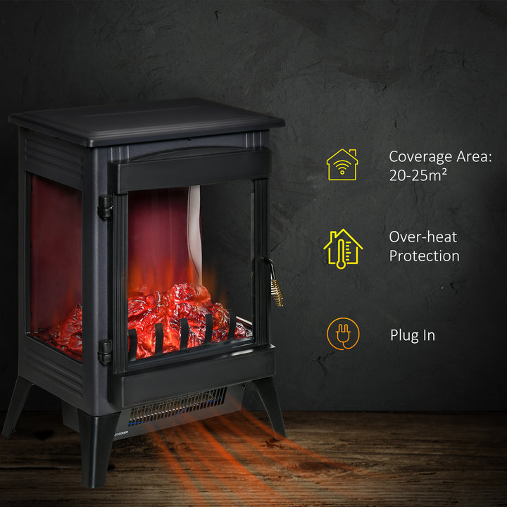 Free standing Electric Fireplace Stove, Fireplace Heater with LED Flame Effect, 3-sided Tempered Glass, Overheat Protection, 1000W/2000W, Black