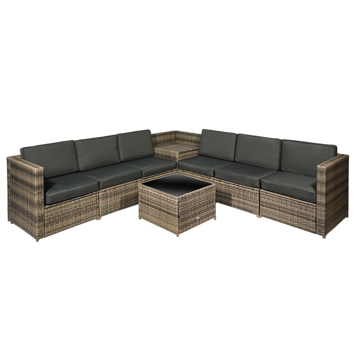 6-Seater Outdoor Rattan Wicker Sofa Set with Hidden Storage Side Table and Cushions, Mixed Brown