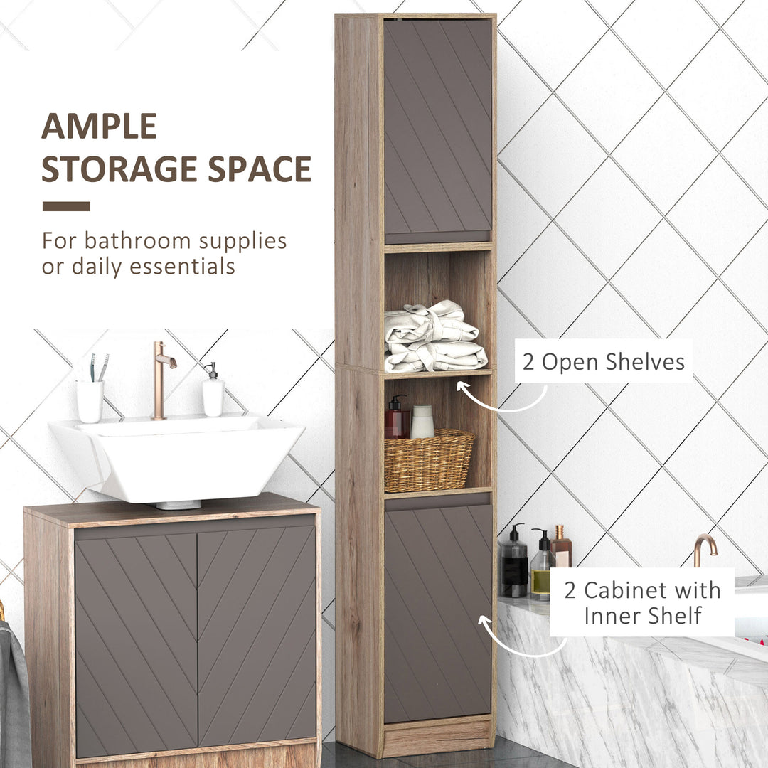 Freestanding Bathroom Storage Cabinet w/ 2 Cupboards 2 Compartments Home Organisation Anti-Tipping Elevated Base 30L x 24W x 170Hcm Grey&Brown