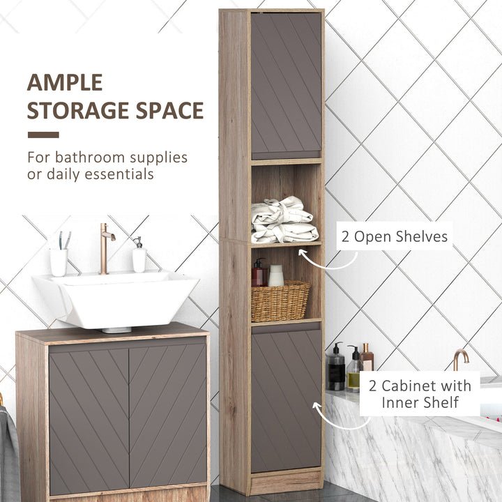 Freestanding Bathroom Storage Cabinet w/ 2 Cupboards 2 Compartments Home Organisation Anti-Tipping Elevated Base 30L x 24W x 170Hcm Grey&Brown