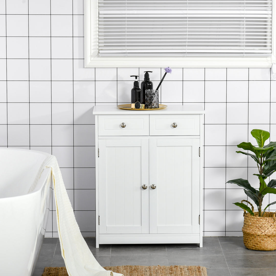 kleankin Bathroom Storage Cabinet Free-Standing Bathroom Cabinet Unit w/ 2 Drawers Cupboard Adjustable Shelf Handles Traditional Style 75x60cm White