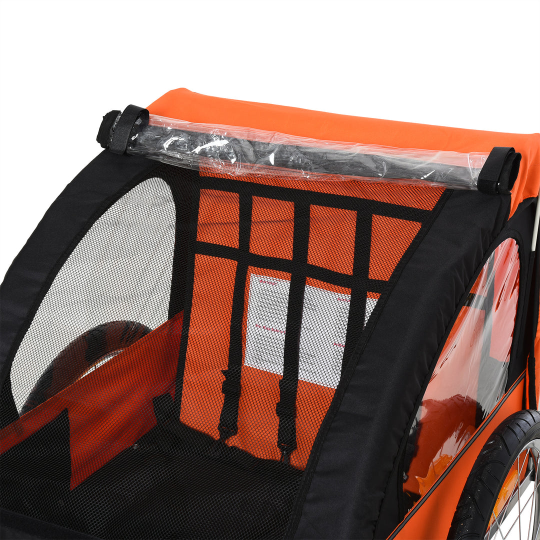 2 Seat Bike Trailer Bicycle wagon for Kids Child Steel Frame Safety Harness Seat Carrier Orange Black 130 x 76 x 88 cm