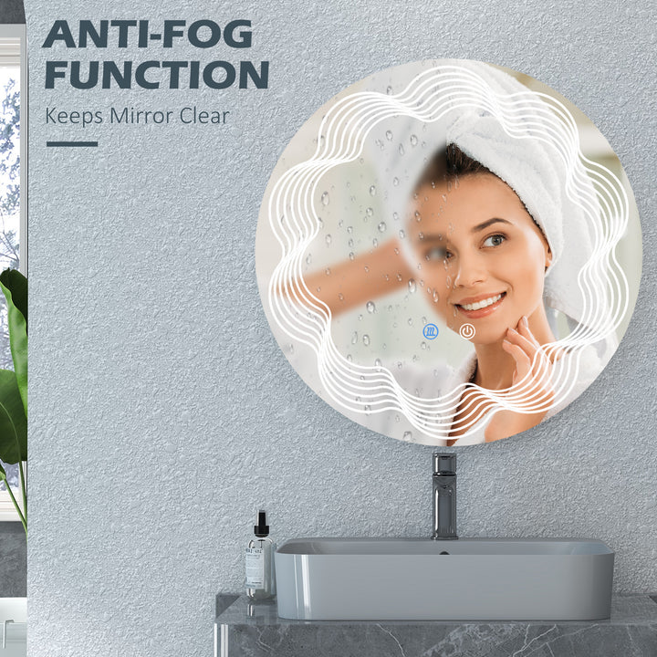 kleankin Round Illuminated Bathroom Mirrors w/ LED Dimming Lighted , Wall Mounted Vanity Mirror w/ 3 Colour, Smart Touch, Anti-Fog, 60cm