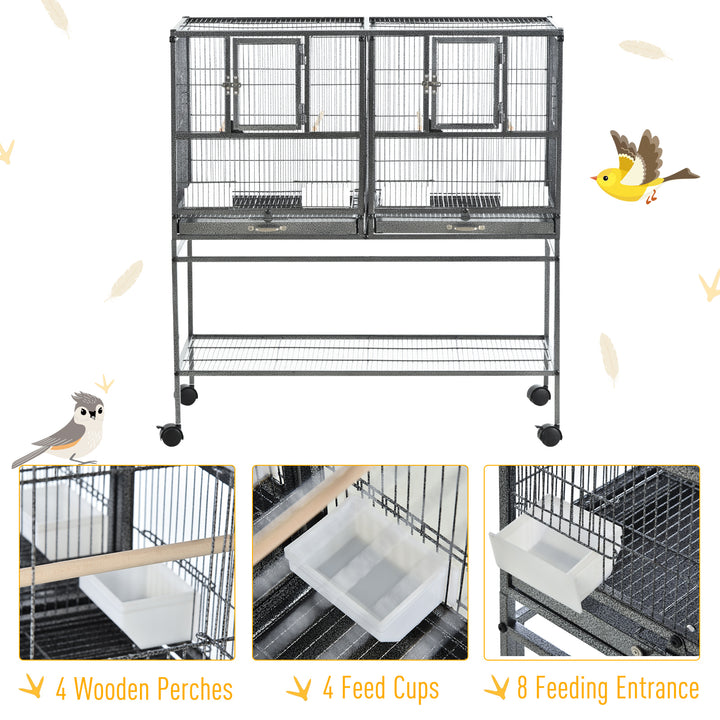 Double Rolling Metal Bird Cage Parrot Cage with Removable Metal Tray, Storage Shelf with Food Container