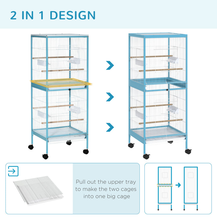 2 In 1 Large Bird Cage Aviary for Finch Canaries, Budgies with Wheels, Slide-out Trays, Wood Perch, Food Containers, Light Blue