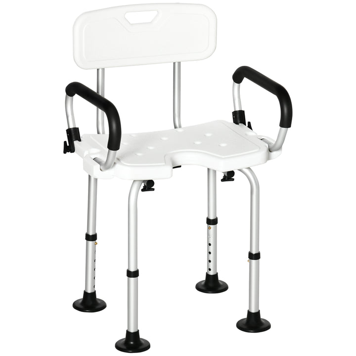 Shower Chair for the Elderly and Disabled, Height Adjustable Shower Stool with Back and Flipped Padded Arms, Suction Foot Pads, White