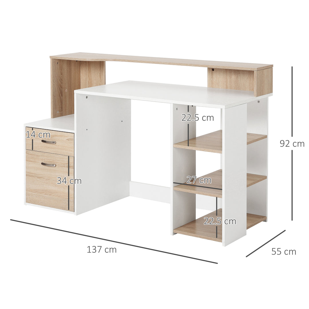 Computer Desk PC Table Modern Home Office Writing Workstation Furniture Printer Shelf Rack w/ Storage Drawer & Shelves (Oak and white)