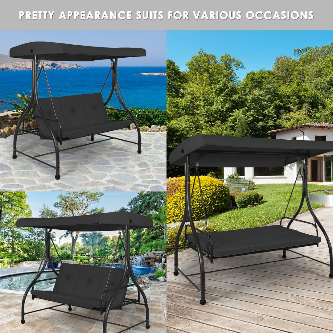 Garden Swing Chair with Adjustable Canopy and Cushions-Black