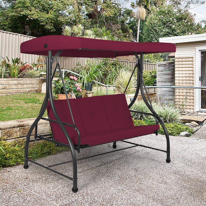 3 Seater Garden Swing Chair with Adjustable Canopy and Cushions-Wine