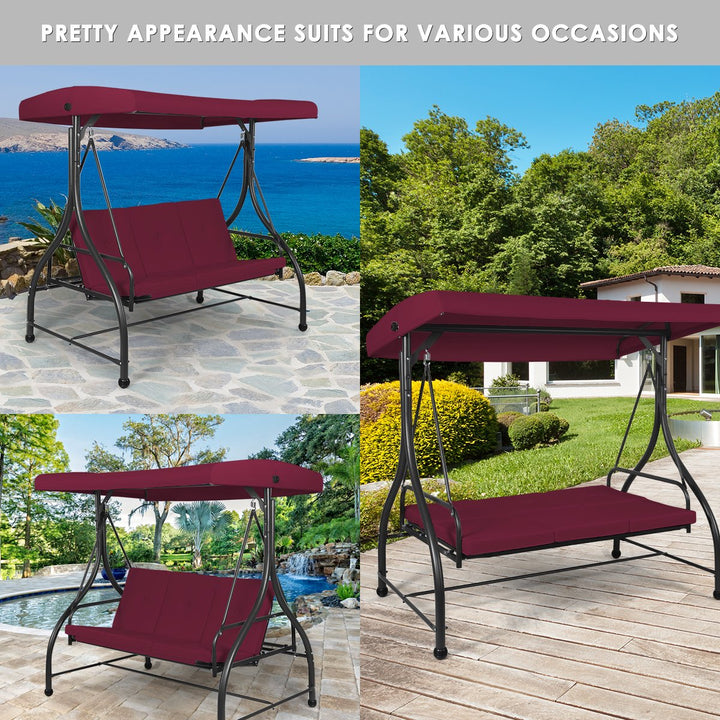 3 Seater Garden Swing Chair with Adjustable Canopy and Cushions-Wine