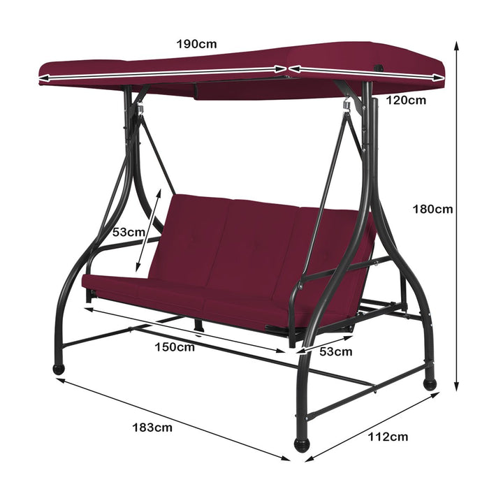 3 Seater Garden Swing Chair with Adjustable Canopy and Cushions-Wine