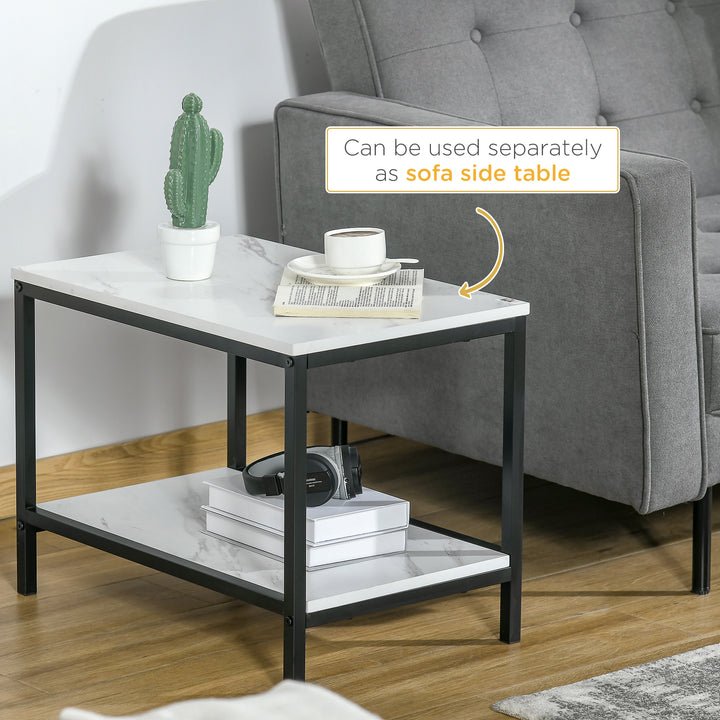 HOMCOM Modern Coffee Table Set of Two, Marble-Effect Nest of Tables with Steel Frame for Living Room, White and Black