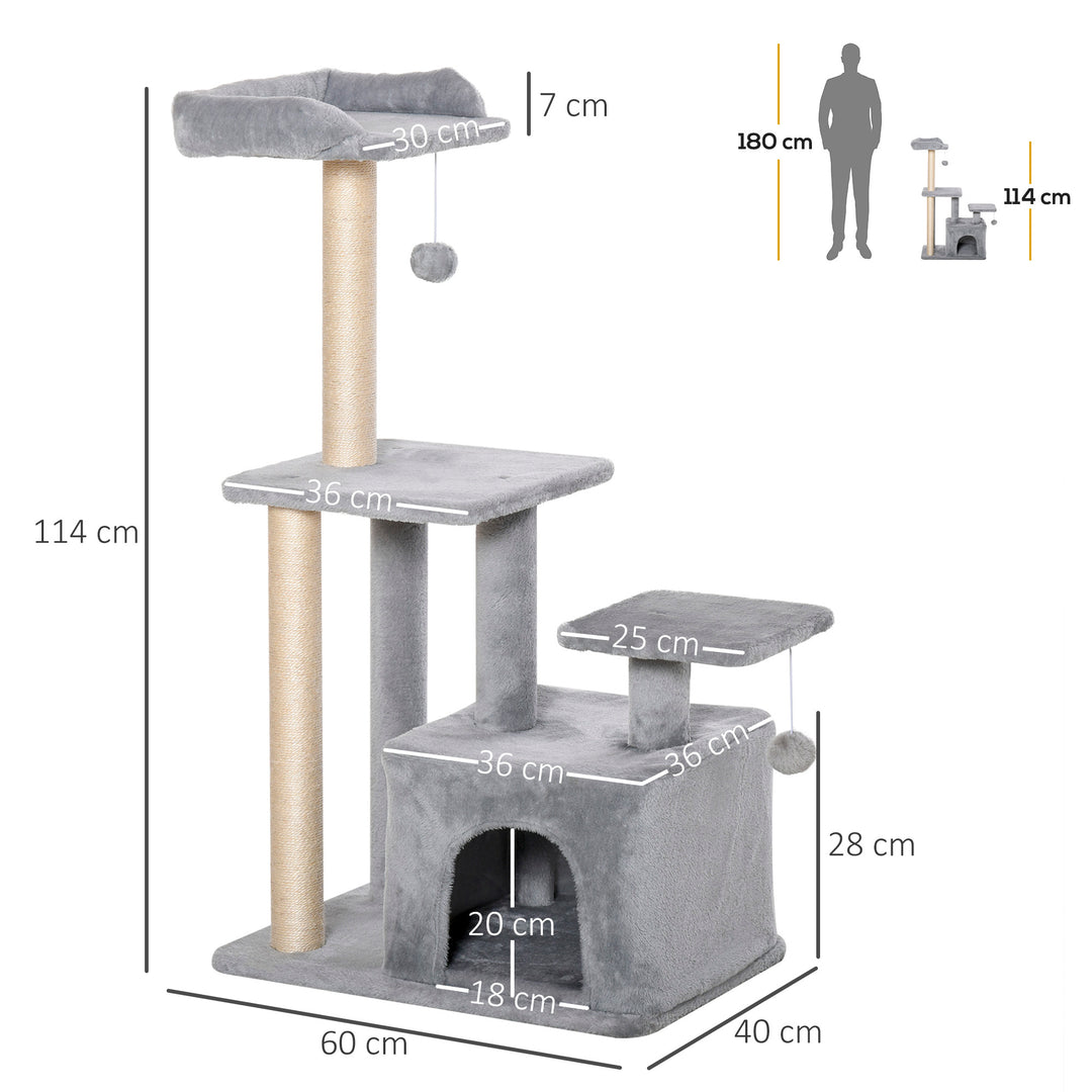 PawHut Cat tree Tower 114cm Climbing Activity Centre Kitten with Sisal Scratching Post Perch Hanging Ball Condo Toy Light Grey