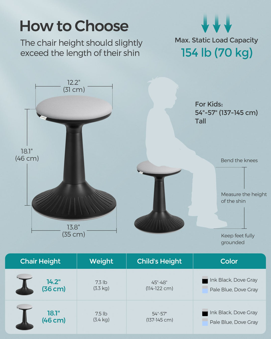 14.2" High Wiggle Stool for Kids Ages 8-12 - Ink Black