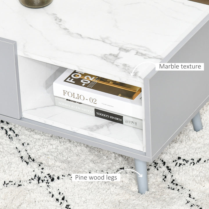 Two-Tone Coffee Table | Duo Storage Side Storage Furniture | Modern Marble Effect w/ Shelf Drawer Table Top Wood Legs Grey - White