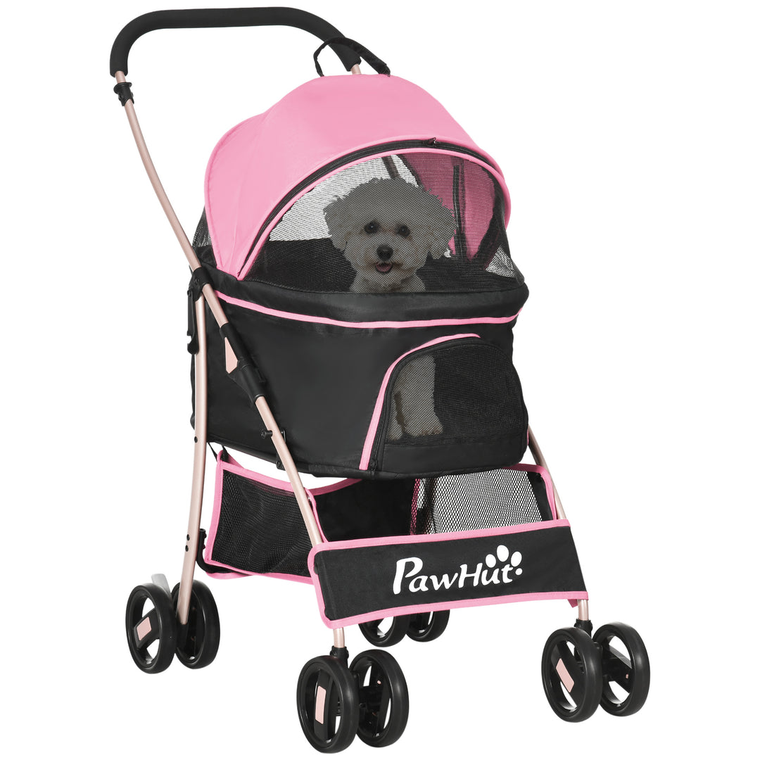 PawHut Detachable Pet Stroller, 3-In-1 Dog Cat Travel Carriage, Foldable Carrying Bag with Universal Wheel Brake Canopy Basket Storage Bag, Pink