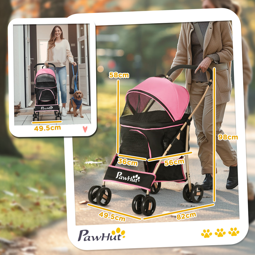 PawHut Detachable Pet Stroller, 3-In-1 Dog Cat Travel Carriage, Foldable Carrying Bag with Universal Wheel Brake Canopy Basket Storage Bag, Pink