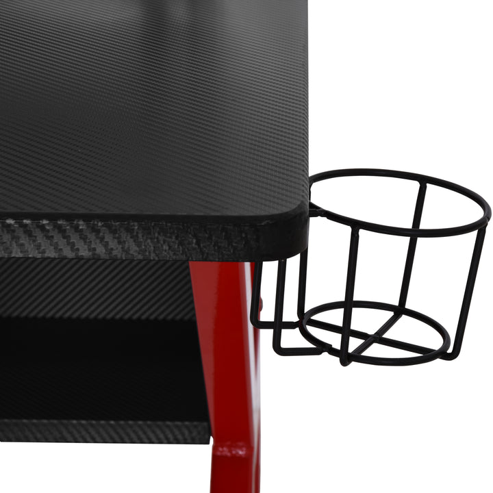 Gaming Desk Computer Table Stable Metal Frame Adjustable Feet w/ Cup Holder Headphone Hook, Cable Basket - Red