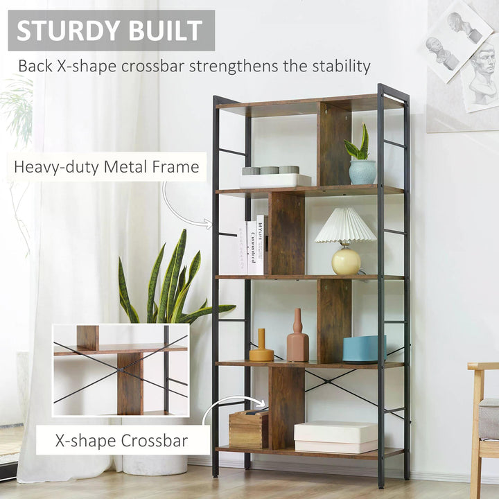 Industrial Storage Shelf Bookcase Closet Floor Standing Display Rack with 5 Tiers, Metal Frame for Living Room & Study, Rustic Brown