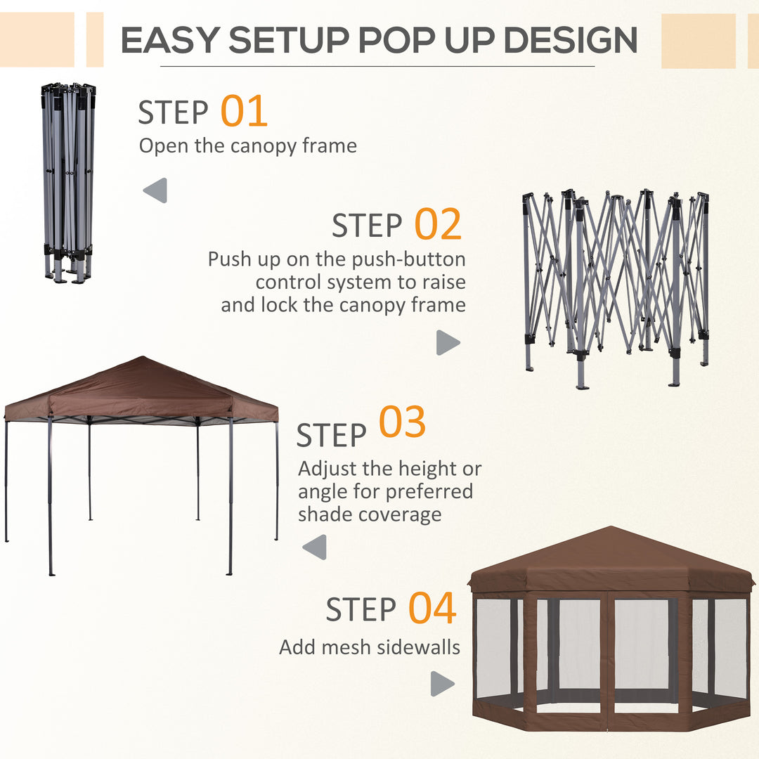 3x3.5m Hexagonal Pop Up Gazebo Party Canopy Height Adjustable Tent Sun Shelter w/ Mosquito Netting Zipped Door, Brown