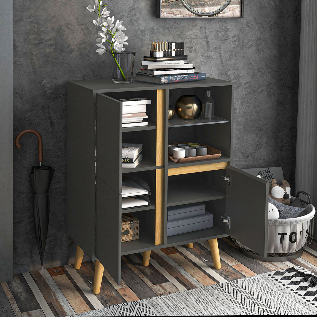 Storage Cabinet Sideboard with Tempered Glass Adjustable Shelves and Solid Wood Legs