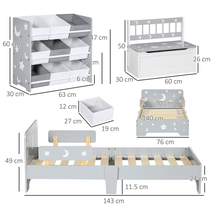 3PCs Kids Furniture Bedroom Set with Bed, Toy Box Bench, Storage Unit with Baskets, Star and Moon Patterns, for 3-6 Years Old Boys Girls, Grey