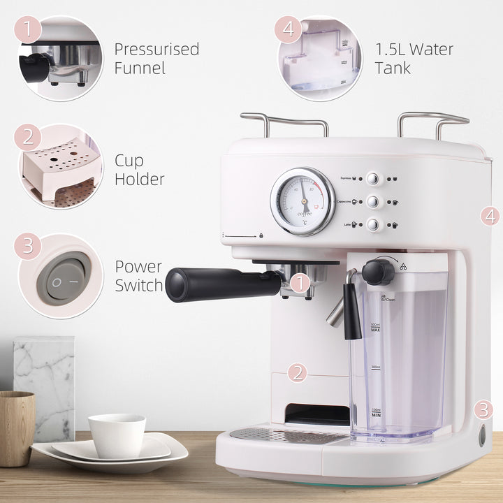 5Pc Coffee Machine, Espresso &amp; Cappuccino &amp; Latte Maker with Milk Frothing Steamer, 1.5L