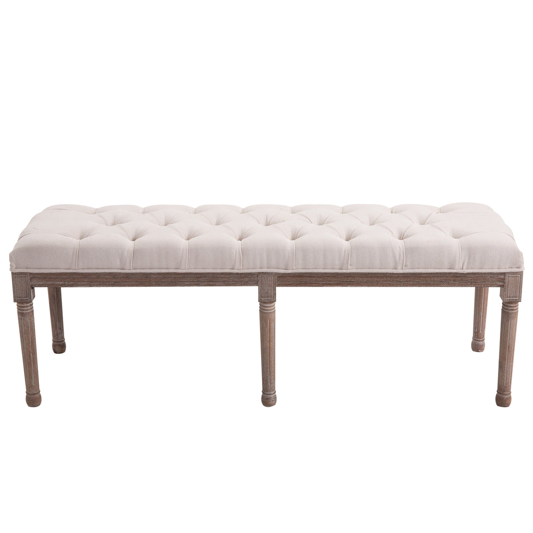 Bed End Side Chaise Lounge Sofa Stool Chic Button Tufted Window Hallway Seat Bench Wooden Leg Fabric Cover Padded Beige