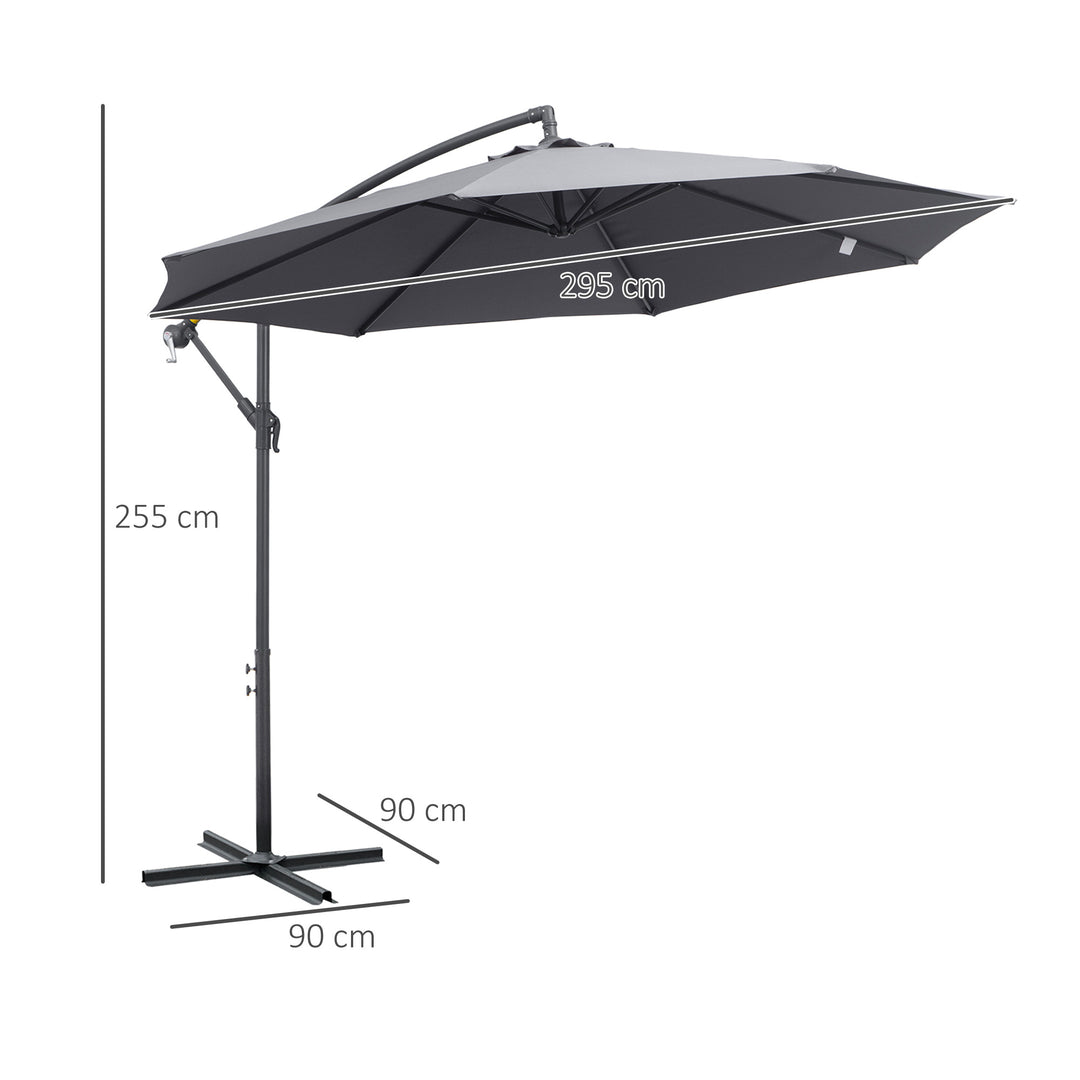 Outsunny 3(m) Garden Banana Parasol Cantilever Umbrella with Crank Handle and Cross Base, 8 Ribs for Outdoor, Hanging Sun Shade, Grey