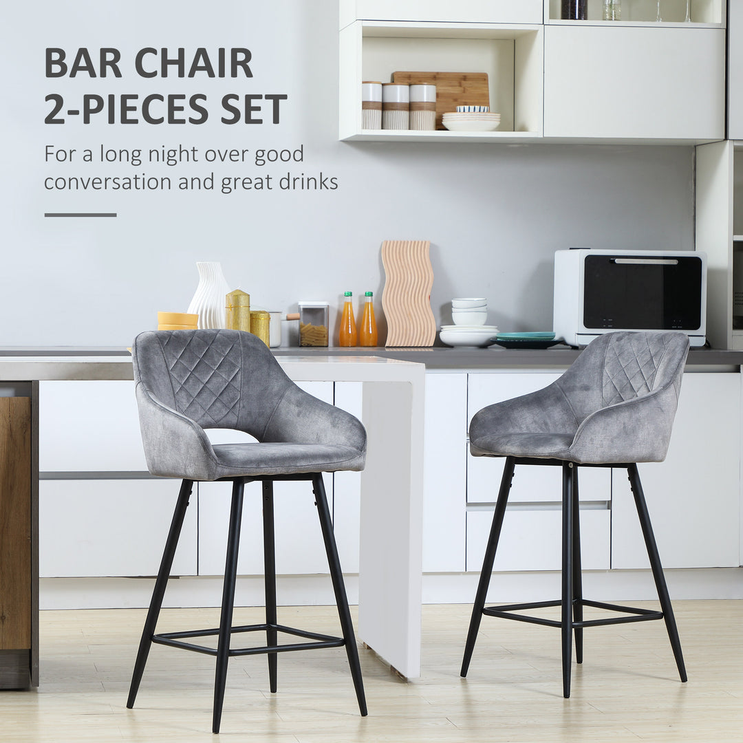 Set of 2 Bar stools With Backs, Velvet-Touch Fabric Counter Height Bar Chairs, Kitchen Stools with Steel Legs for Dining Area, Grey