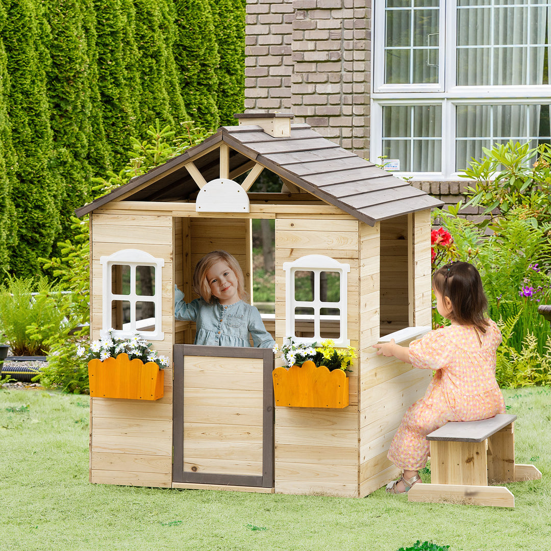 Wooden Kids Playhouse, Windows, Bench, Service Station, Flowers Pot Holder for 3-7 Years Old