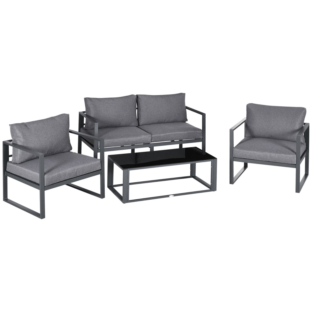 4 Pieces Garden Sofa Set 2 Single Armchair 1 Bench & Side Table Set Aluminium Frame Patio Furniture with Cushions Grey