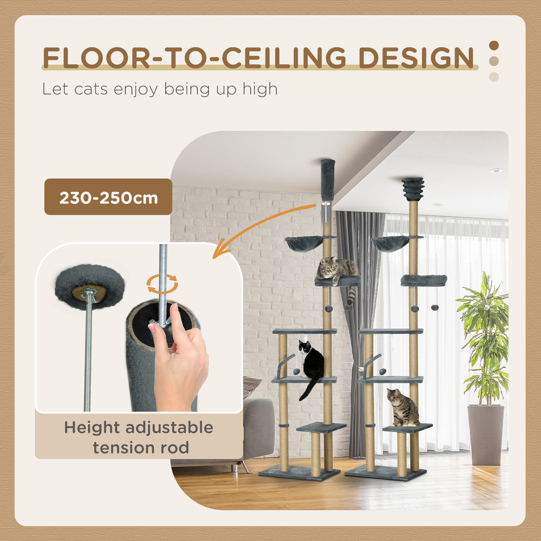 PawHut Floor to Ceiling Cat Tree for Indoor Cats, 6-Tier Play Tower Climbing Activity Center with Scratching Post, Platforms, Bed, Hammock, Adjustable Height 230-250cm, Grey