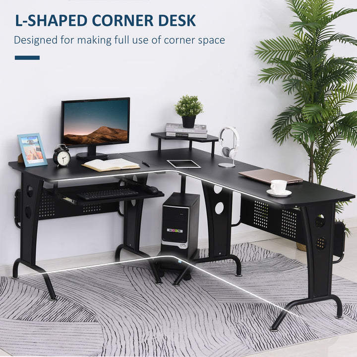 L-Shaped Corner Work Desk Gaming Office w/ Steel Frame CPU Rack Keyboard Tray Space-Saving Melamine Coating Computer Home Workstation Black