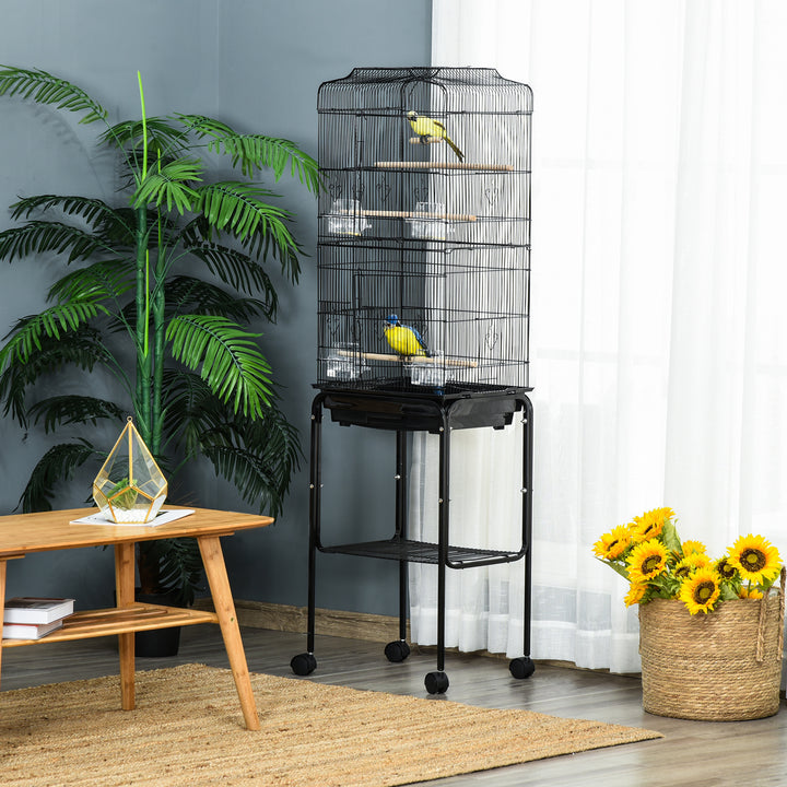 PawHut Bird Cage Budgie Cages for Finch Canary Parakeet with Stand Wheels Slide-out Tray Accessories Storage Shelf, Black 36 x 46.5 x 157 cm